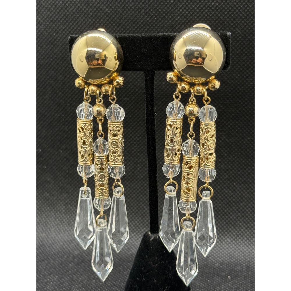 Vintage Gold Tone Filigree Crystal Chandelier Clip On Statement Earrings 4.25"